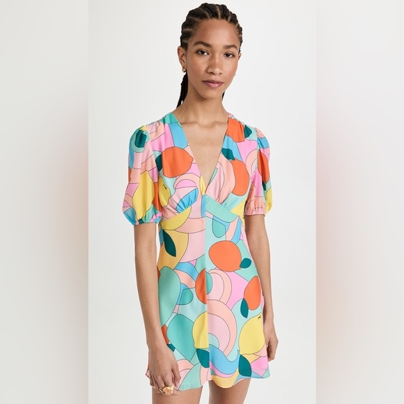 Staud Mini Milla Dress in Citrus Kaleidoscope Multicolor Puff Sleeve in Size 0 - Picture 7 of 16
